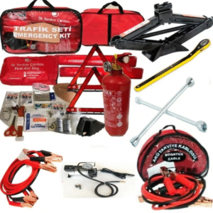 Beşli Araç Seti Trafik Seti + Akü Takviye Kablosu + Kriko + Bijon Anahtarı + Metal Hava Kompresörü
