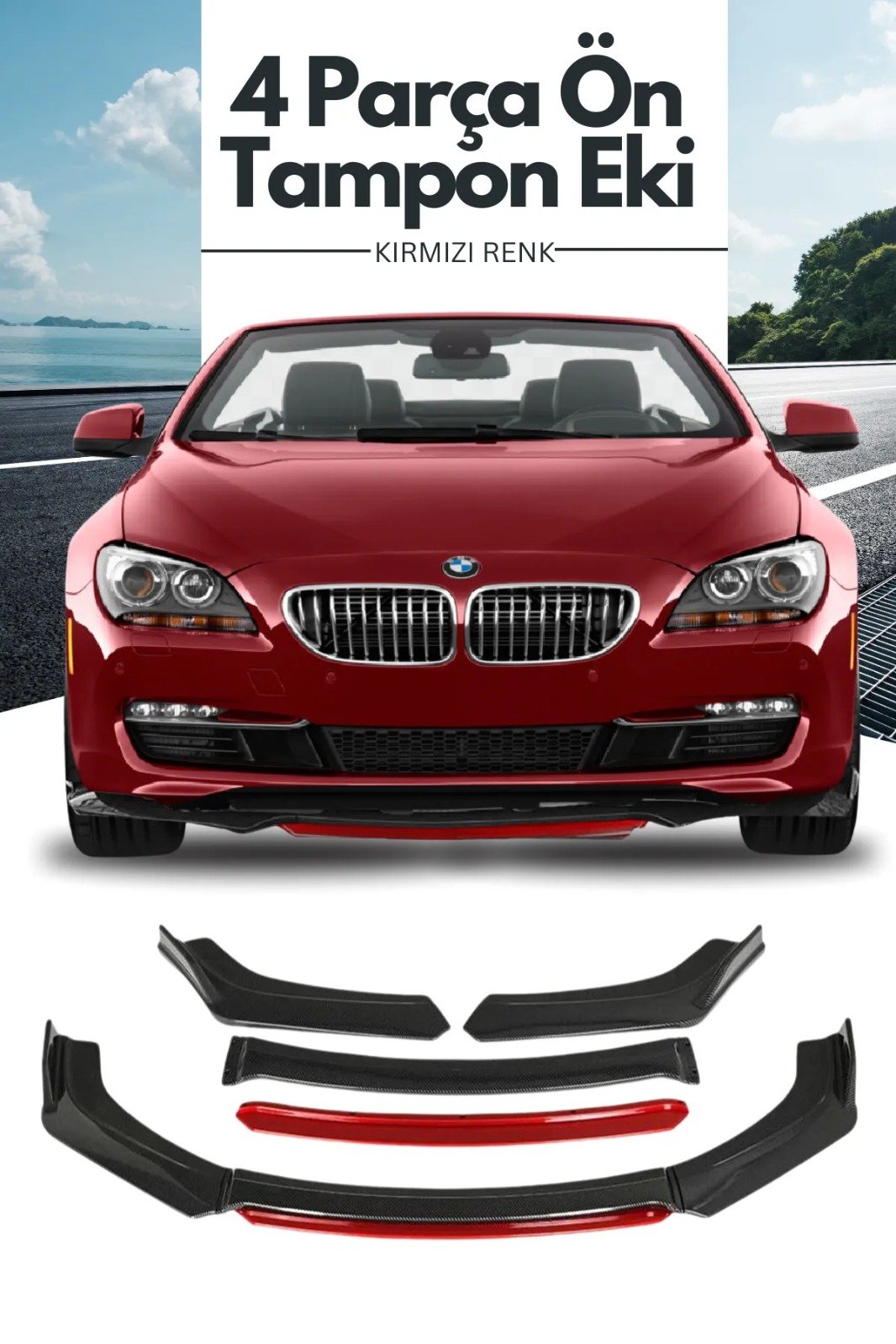 4 Parça Ön Lip Universal Ön Tampon Eki Piano Black Kırmızı Renk